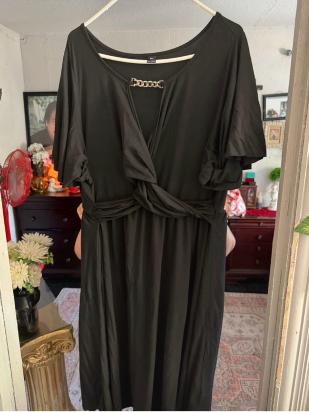 SHEIN Black Midi Dress with Knot Waist and Chain Detail